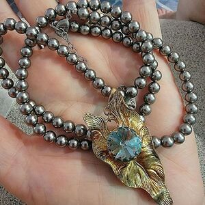 #Sabika Silver Bead Detachable Gold Leaf Aqua Turq Vienna Stone Pendant Necklace